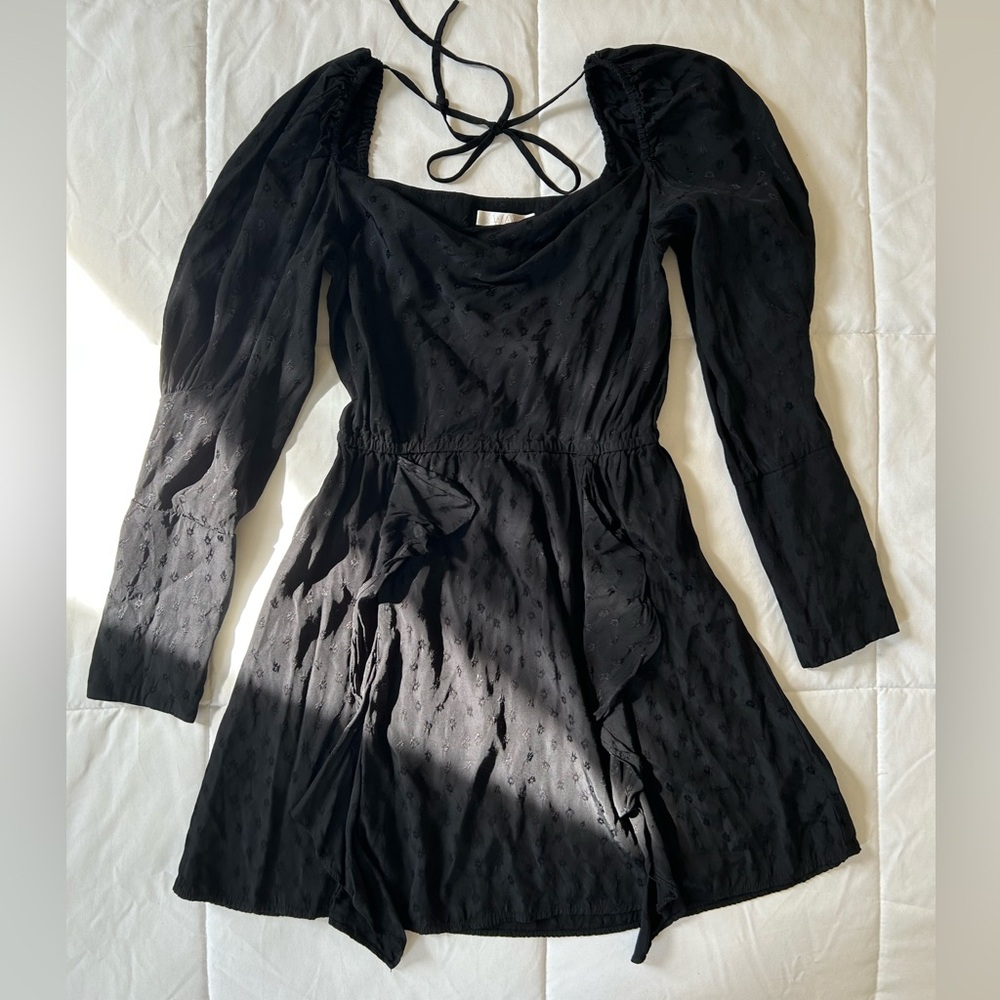 Wayf Black Ruffle Cowl Neck Puff Long Sleeve Tie Back Babydoll A-Line Mini Dress
